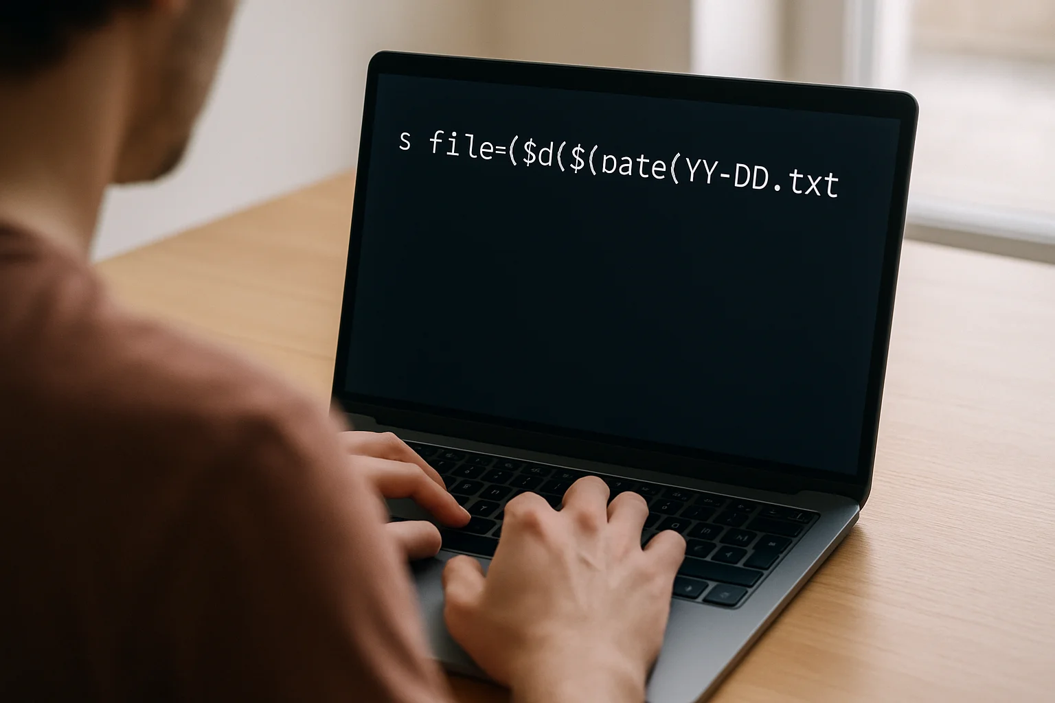 Vue par-dessus l’épaule d’un ordinateur portable avec un terminal affichant une commande qui construit un nom de fichier horodaté, avec des mains sur le clavier et un bureau sobre.