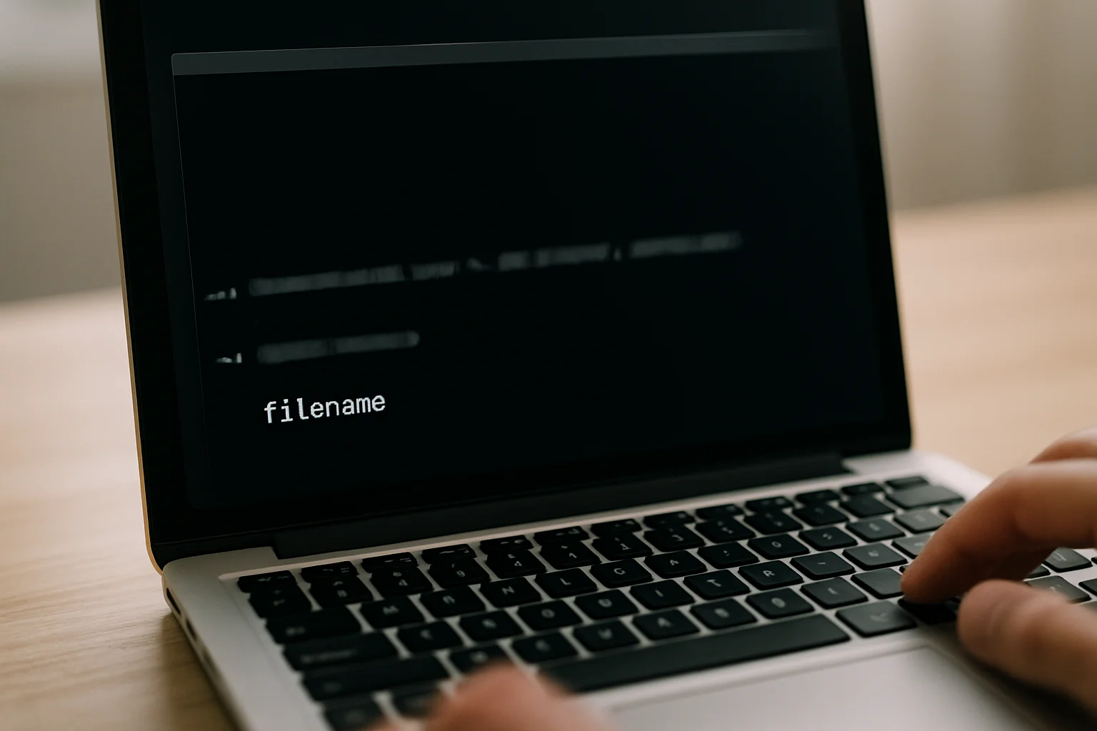 Gros plan sur un ordinateur portable affichant dans un terminal l’extraction du nom d’un fichier à partir d’un chemin plus long, avec un cadrage net et une lumière naturelle.