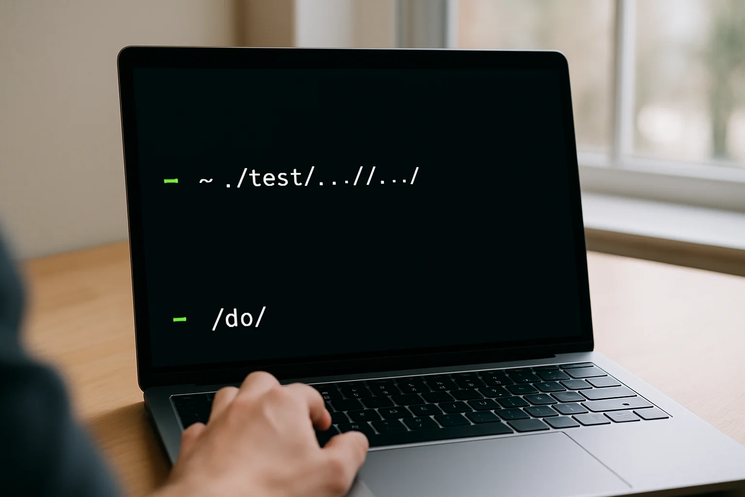 Photo réaliste en gros plan d’un ordinateur portable affichant dans un terminal la normalisation d’un chemin de fichier en chemin absolu, sur un bureau simple.