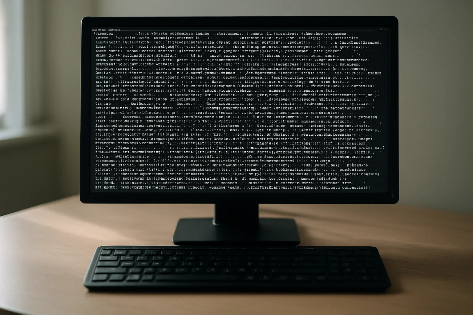 Écran d’ordinateur sur un bureau montrant des lignes de données mal séparées dans une fenêtre de terminal, avec un clavier au premier plan.