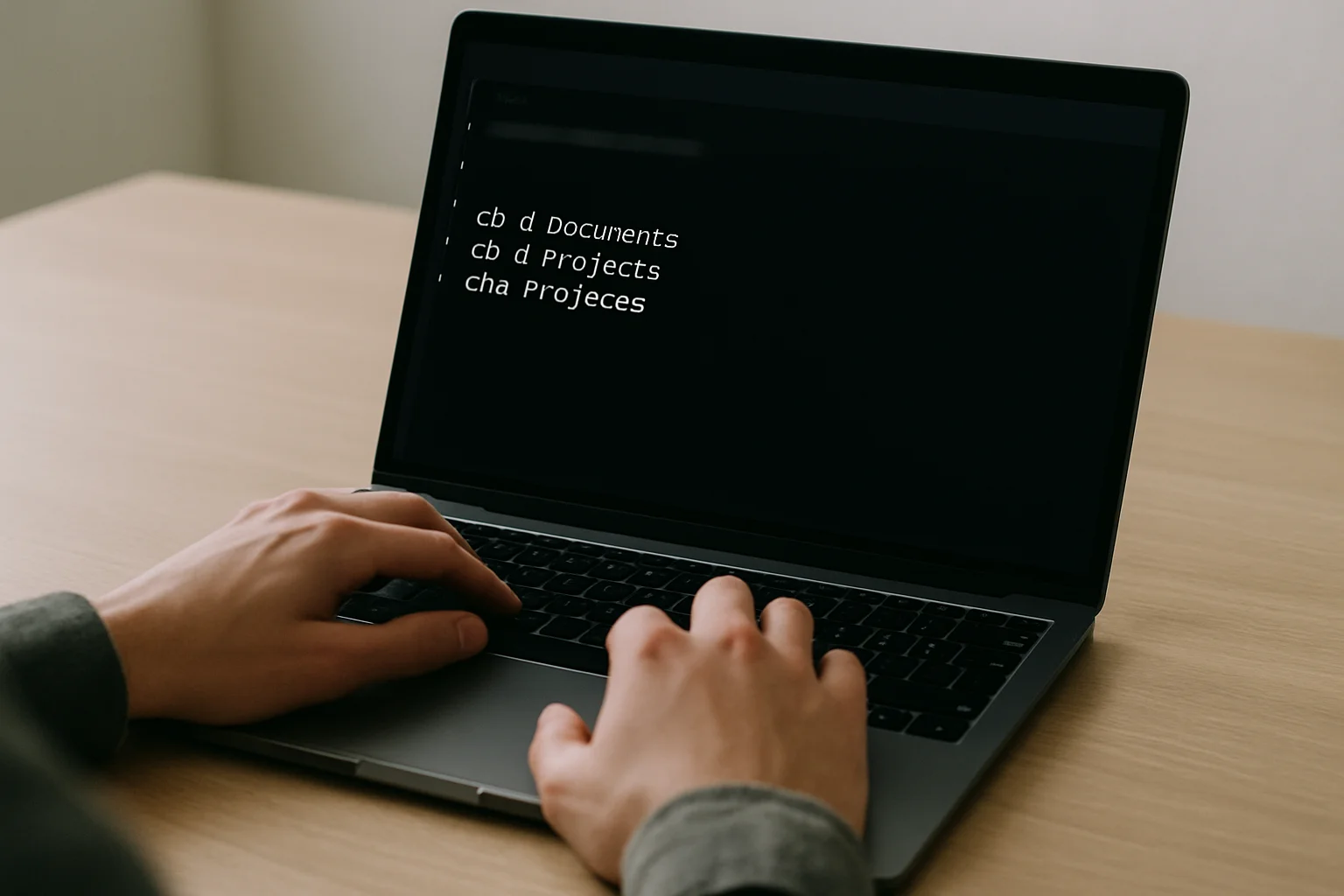 Vue rapprochée d’un ordinateur portable affichant un terminal utilisé pour exécuter une suite fiable de changement de dossier.