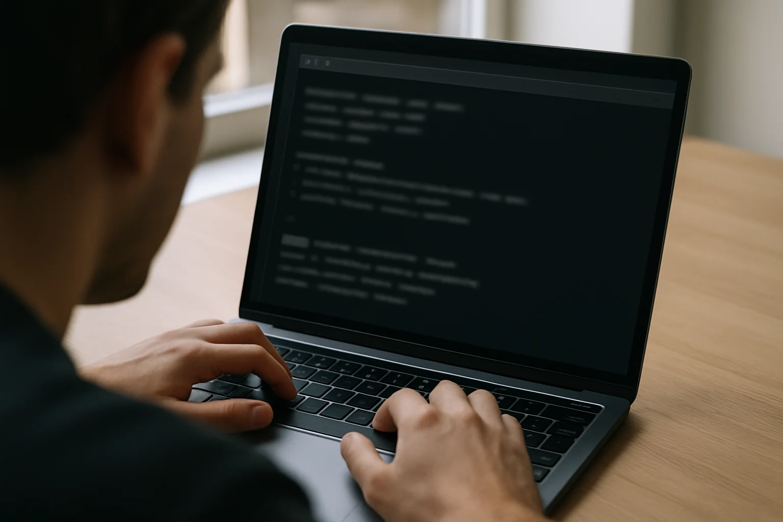 Mains sur un clavier d’ordinateur portable avec une fenêtre de terminal affichée, montrant l’utilisation d’un pipe entre deux commandes sur un bureau simple.