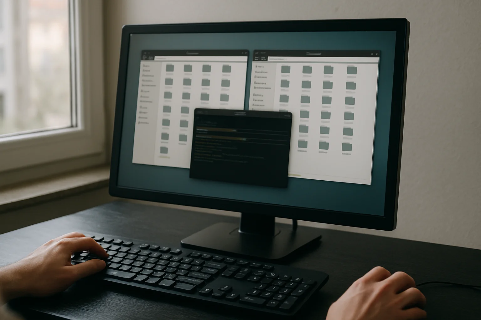 Poste de travail Linux avec deux fenêtres de dossiers et un terminal affichés côte à côte, illustrant une première synchronisation locale entre deux dossiers.
