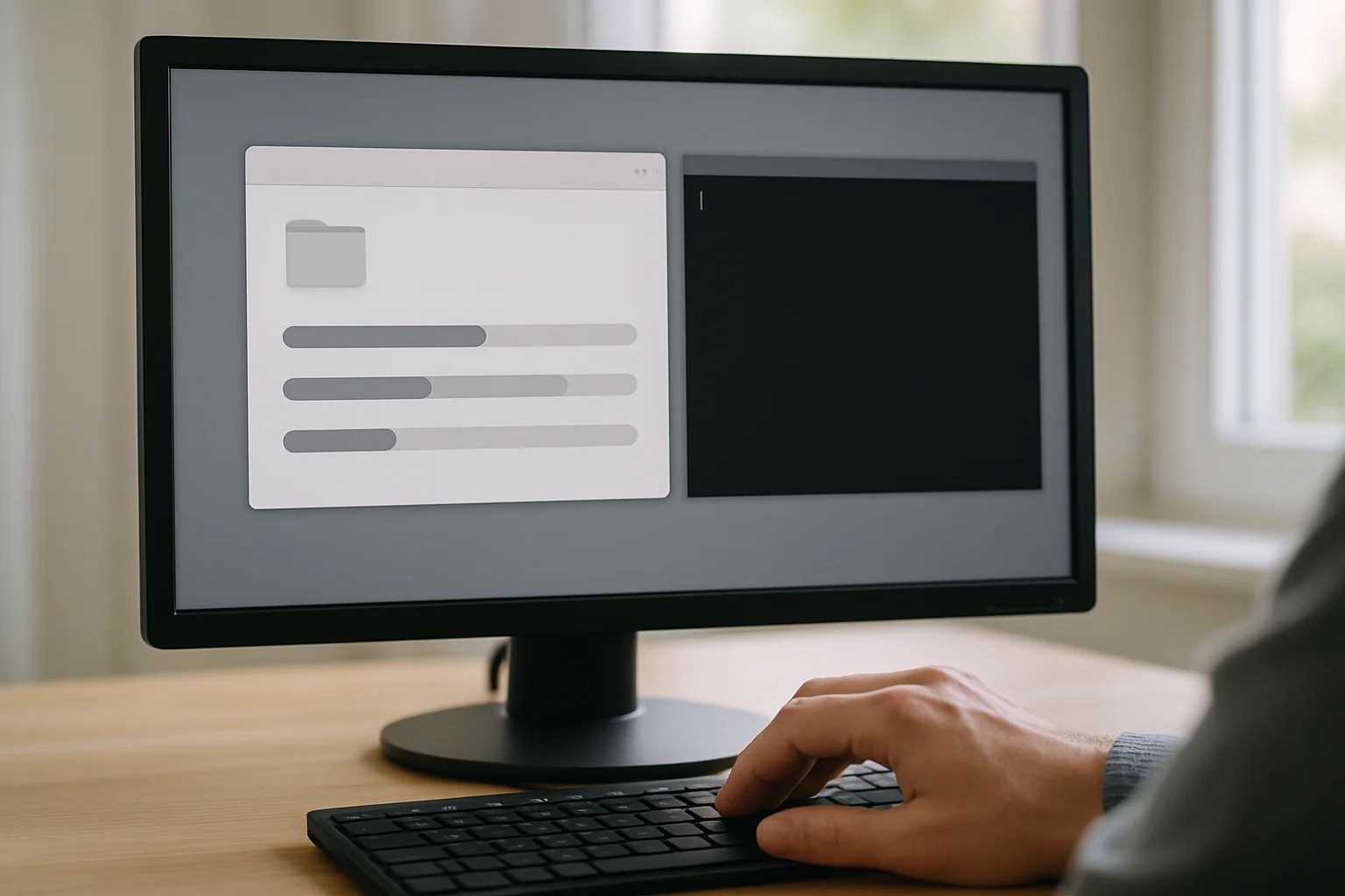 Écran d’ordinateur avec une copie de fichiers partiellement avancée et un terminal rouvert, illustrant la reprise d’un transfert interrompu sous Linux.