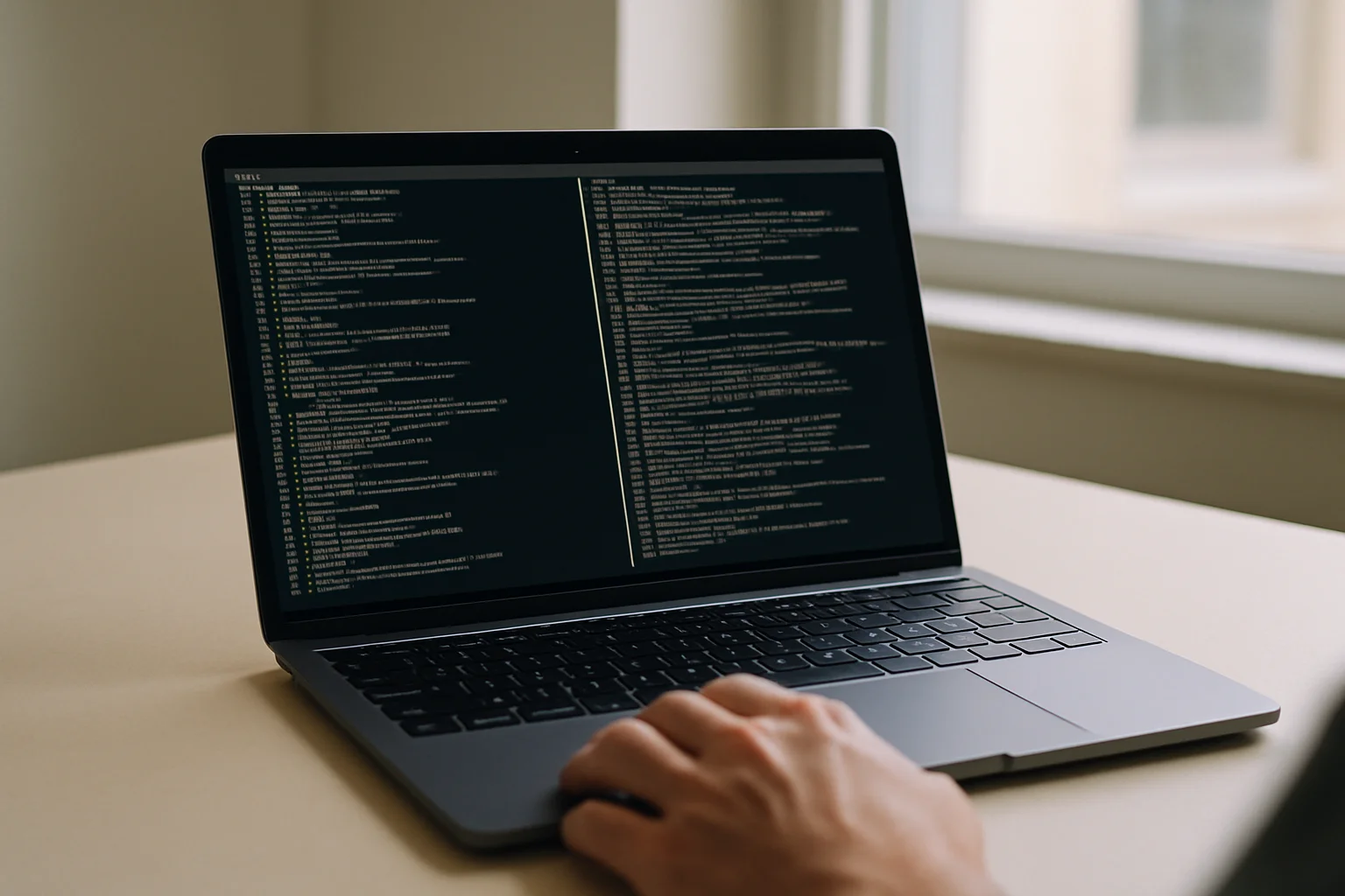 Ordinateur portable sur un bureau sobre avec une fenêtre de terminal divisée en deux zones côte à côte pour comparer deux sorties, une main près du pavé tactile, lumière naturelle.