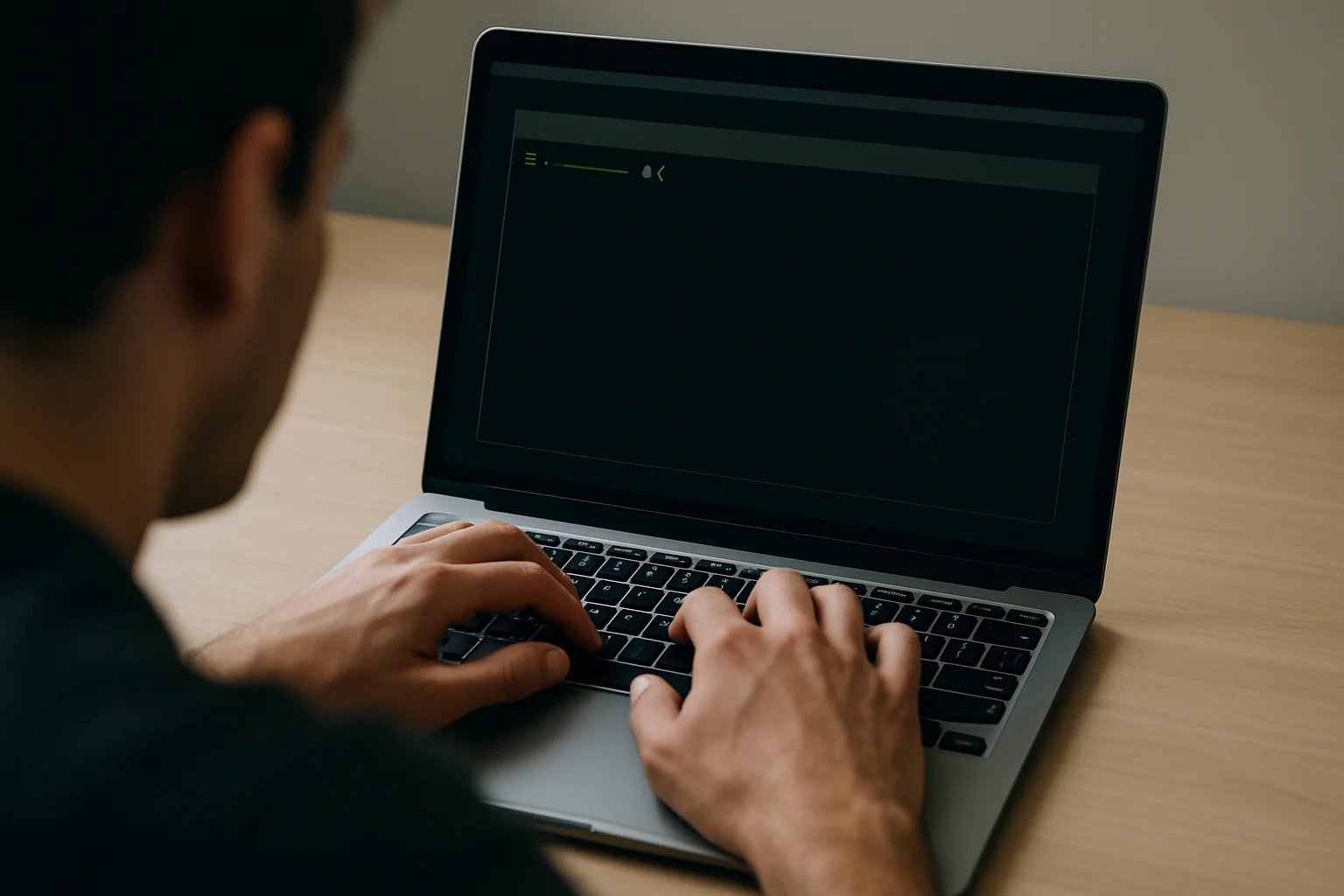Mains en train de taper sur un ordinateur portable avec une commande de terminal qui combine une variable et une substitution de commande, dans un cadrage sobre et net.