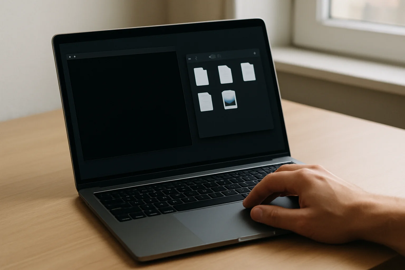 Un ordinateur portable sur un bureau simple, avec une interface de terminal sombre, à côté d’un dossier contenant რამდენიმე fichiers d’exemple représentés par des feuilles et une image, pendant qu’une main utilise le clavier.