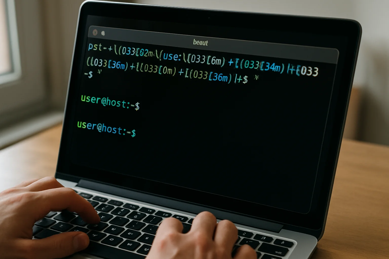 Un ordinateur portable affiche un terminal Bash où un prompt temporaire est modifié avec des séquences de couleur, pendant qu’une personne tape au clavier.