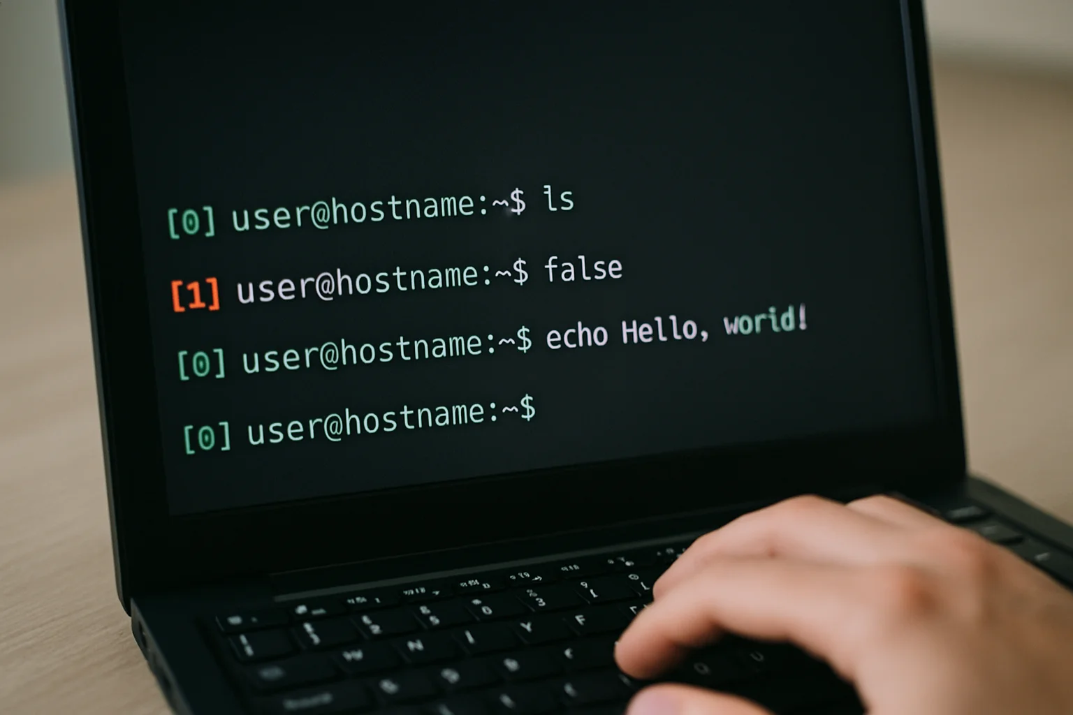 Un terminal Linux montre un prompt Bash personnalisé qui affiche le code de retour de la dernière commande, avec une main près du clavier.