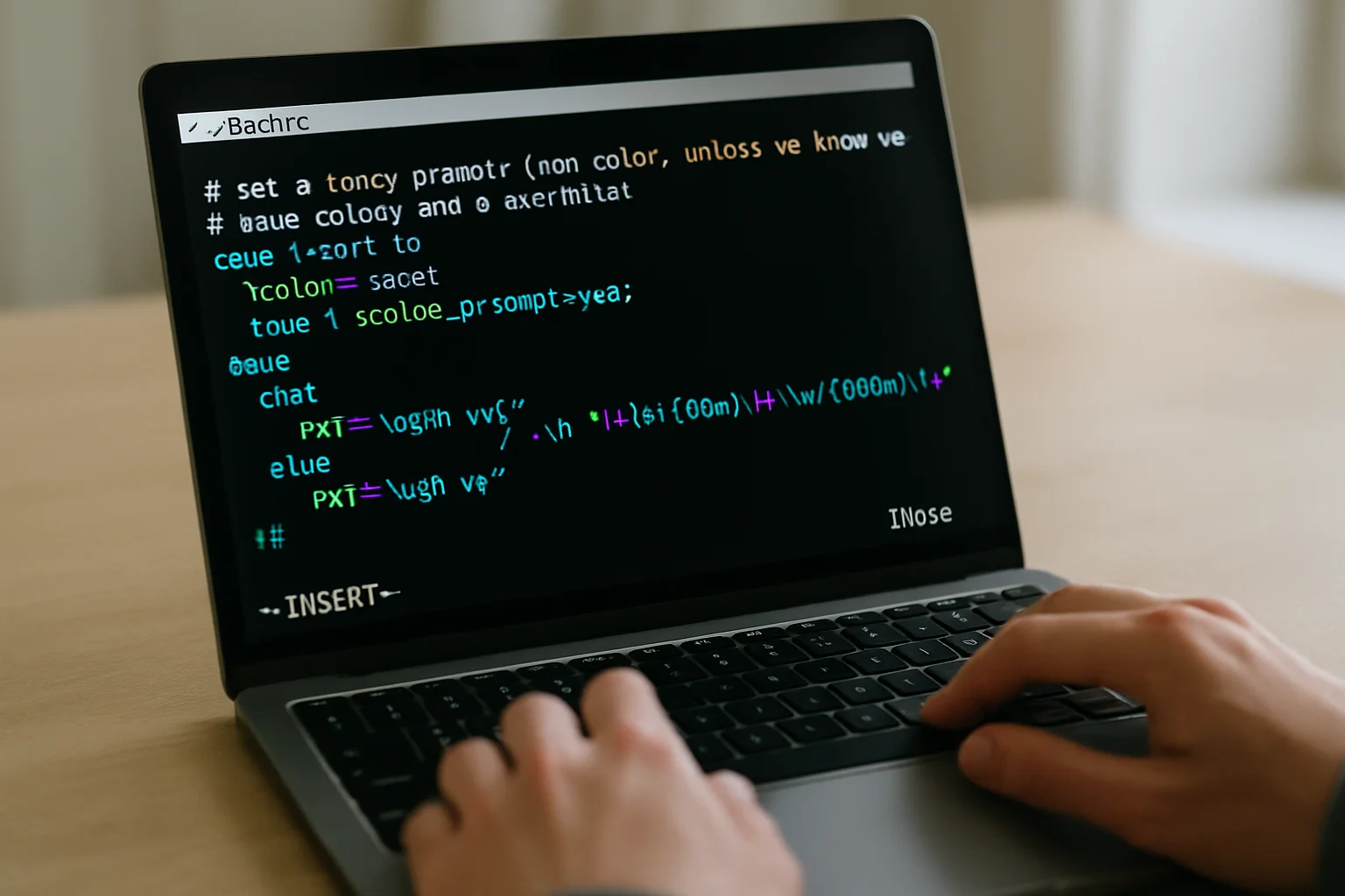 Un éditeur de texte en terminal ouvert sur le fichier .bashrc montre l’enregistrement d’une configuration de prompt Bash personnalisée.