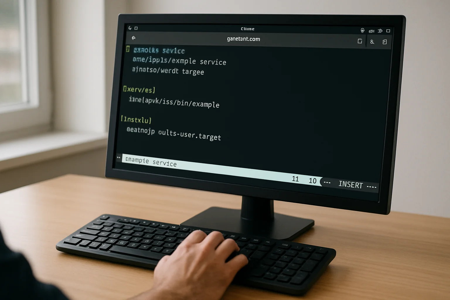 Un écran d’ordinateur sous Linux montre l’édition d’un fichier d’unité systemd dans un terminal, avec un clavier et une main en train de taper.