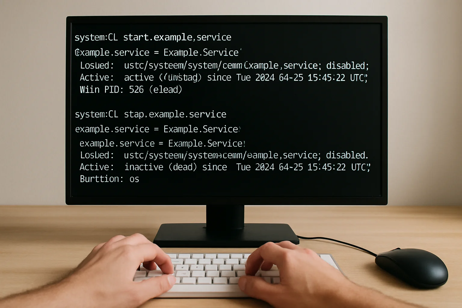 Un terminal Linux affiche le démarrage puis l’arrêt manuel d’un service systemd, avec un clavier au premier plan et des mains visibles.