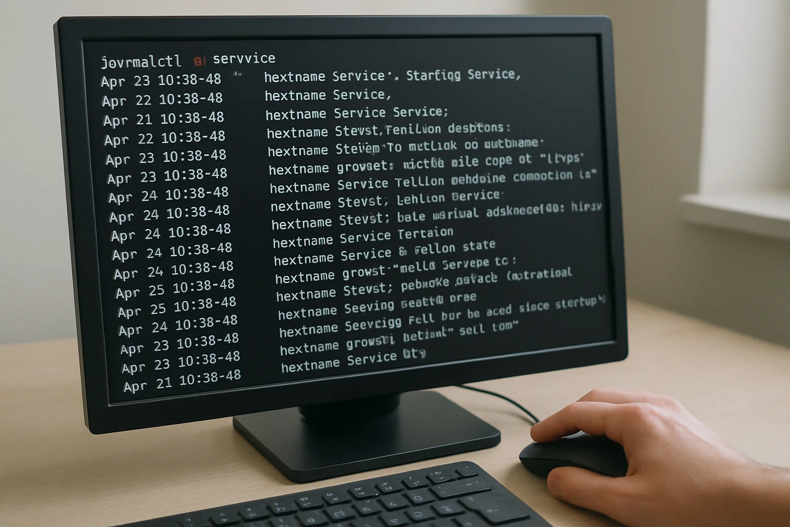 Un terminal Linux affiche les journaux d’un service via journalctl pour le diagnostic, dans un cadrage serré sur l’écran et le clavier.