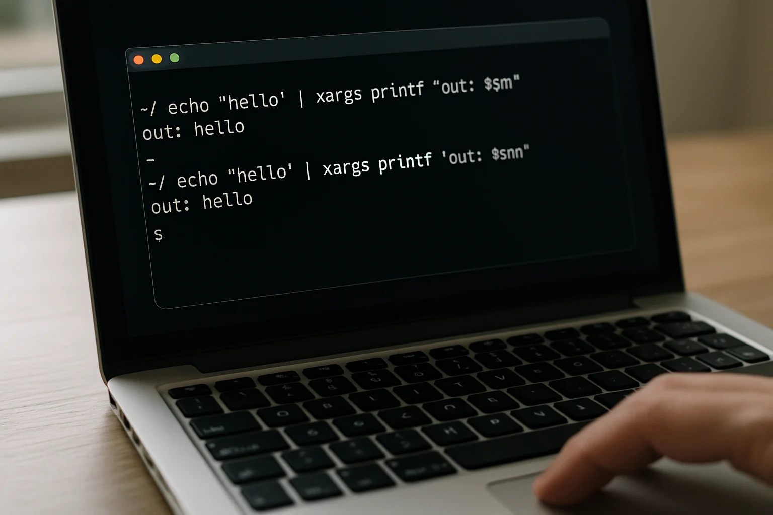 Gros plan réaliste d’un ordinateur portable avec un terminal affichant un premier essai sans risque de xargs avec echo et une entrée transmise par tube.