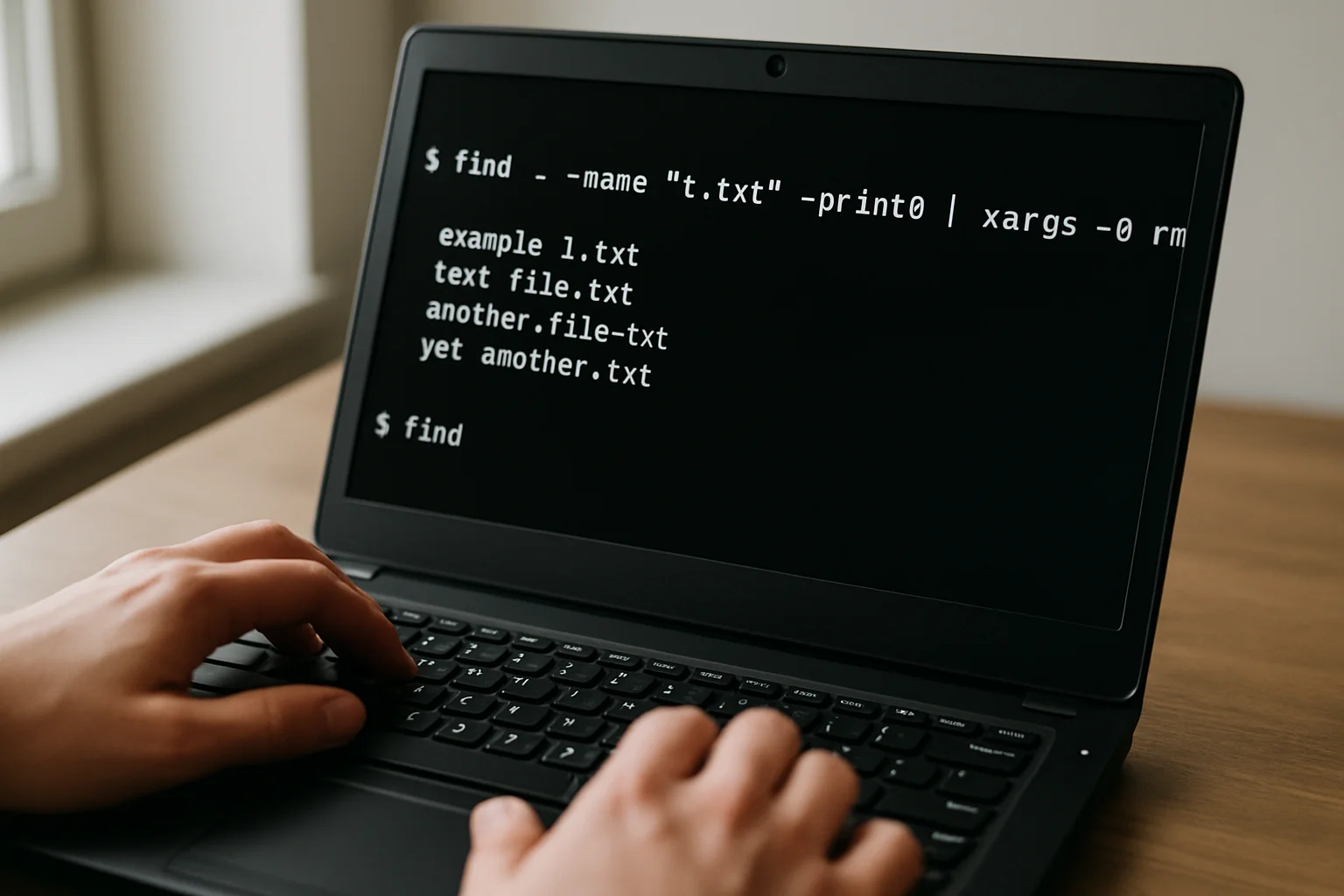 Photo réaliste d’un terminal montrant l’utilisation de xargs avec l’option -0 pour traiter une entrée séparée de manière sûre.